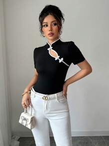 Elenzga Halloween Costume Black Minimalist Fitted Stand Collar T-Shirt For Women - Black - View 5