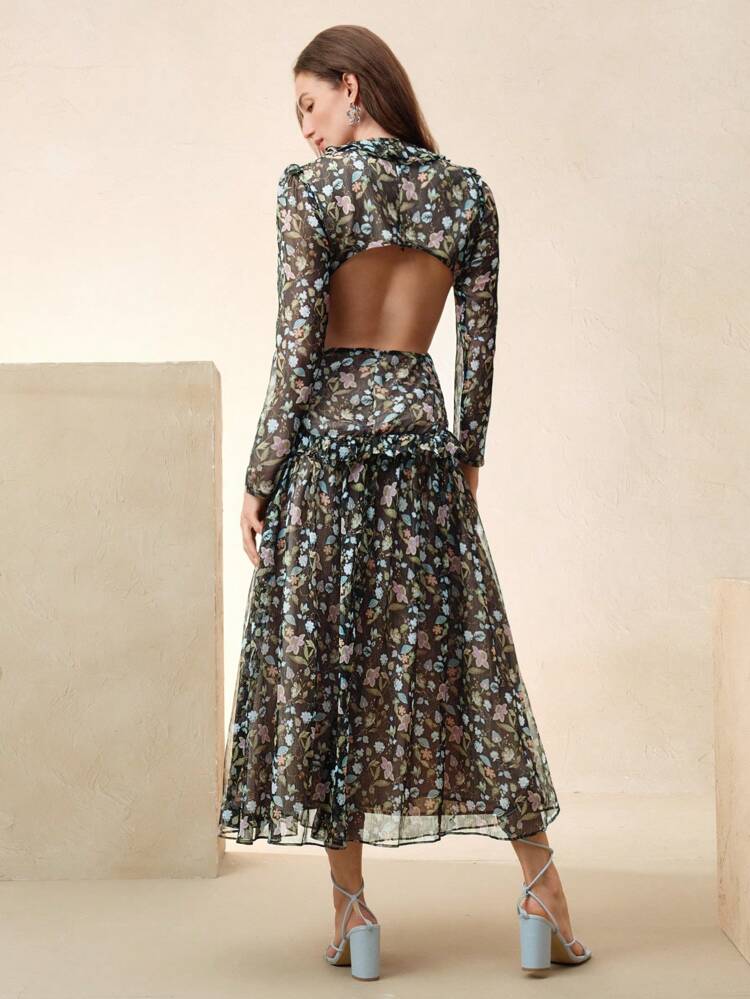 Summer Vacation & New Year's Elegant Floral Print Dress, Ruffle V-Neck Criss-Cross Waist Sheer Fabric Long Sleeve Vacation Beach Dress, Suitable For Valentine's Day