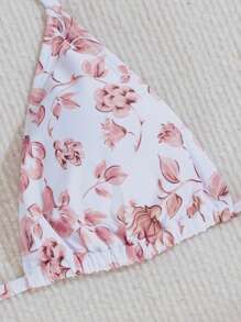 Swim Mod Conjunto de bikini sexy de mujer con estampado floral y lazo en el cuello estilo halter para vacaciones en la playa con falda cubierta, estampado aleatorio, 3 piezas