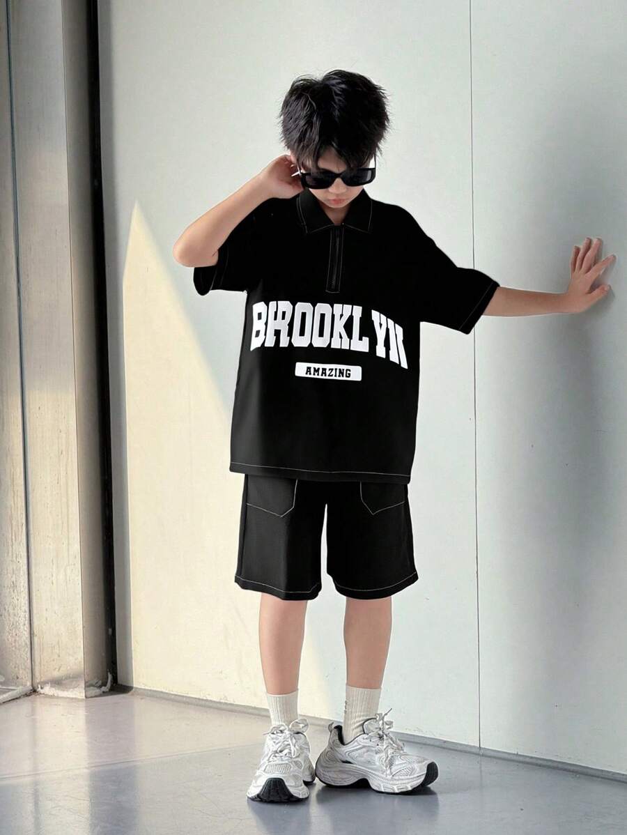 Tween Boy Casual Loose Korean Style Solid Color Letter Print Short Sleeve Polo Shirt With Drawstring Waist Shorts Set, Suitable For Spring/Summer Daily Wear, School, Travel And Sports