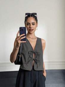 INAWLY 女士系带休闲宽松纯色背心 - 灰色 - 查看 4