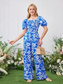 Teen Girls Printed Square Neck Puff Sleeve Jumpsuit - Blue - View 5