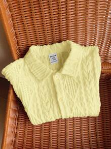 SHEIN LMoss Kids Unisex Baby Casual Solid Color Hollow-Out Soft Knitted Round Neck Short Sleeve Cardigans - Yellow - View 6