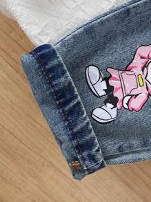 SHEIN 2 件装少女条纹卡通印花短袖衬衫和牛仔裤套装 - 藍色 - 查看 5