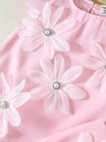 2 Pieces Set Young Girl Pearl 3D Flower Decor Ruffle Top & Solid Color Skirt Outfit, Elegant & Princess Style For Summer - Pink - View 5