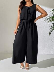 Elenzga Plus Size Women's Solid Color Splicing Lace Casual Wide Leg Jumpsuit