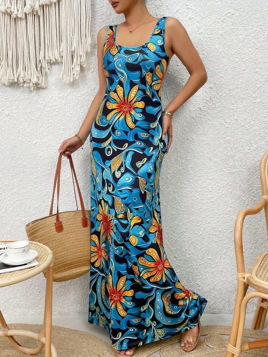 Breezaya Vestido tipo top, nuevo modelo 2025 con cintura ceñida de estilo retro, vestido de satin con estampado de paisley y flores, cuello cuadrado, cintura ceñida, vestido casual y favorecedor para vacaciones - Azul - Ver 1