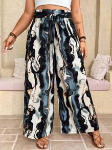 SHEIN LUNE Plus Size Women's Woven Colorblock Print Regular Fit Casual Tie-Waist Wide Leg Pants, Summer, Rave, Festival Spring Break, Boho - Multicolor - View 6