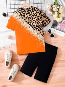 2 Stücke/Set Kontrast farbiges Leoparden Muster T-Shirt mit kurzen Ärmeln & Shorts Set für Teenager Mädchen