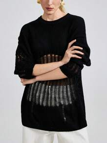 Ontre Women's 2025 New Casual & Office Wear Spring Summer Daily Wear Knitted Sweater, Round Neck Long Sleeve Black Wool Sweater With Personalized Hollow-Out Design