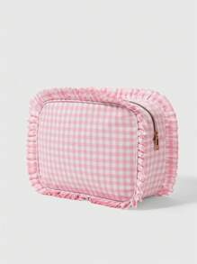 ROMWE Kawaii Women's Pink & White Plaid Lace Cherry Cat Pattern Bow Decor Cosmetic Pouch - Multicolor - View 5