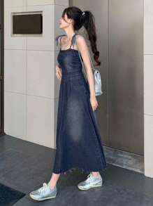 DAZY Waist Cinched A-Line Strap Dress, Women's Denim Overall Dress For Date Night Sundress - Dark Wash - View 2