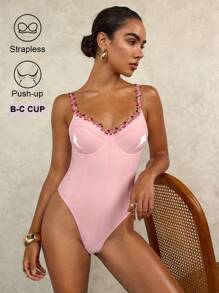 SHEIN Swim 女士甜美浪漫玫瑰花边聚拢连体泳衣