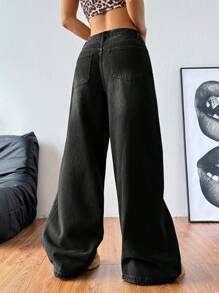 Coolane Women's Pocketed Wide Leg Relaxed Casual Versatile Jeans, Women Jeans,Black, Jeans Wide Leg - Black - View 2