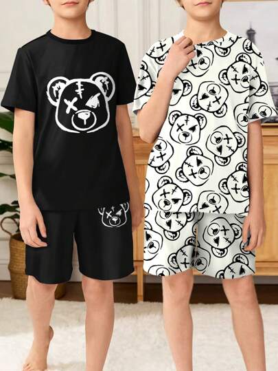 SHEIN 4pcs Tween Boys Casual Loose Bear Print Round Neck Short Sleeve Shorts Pajama Set