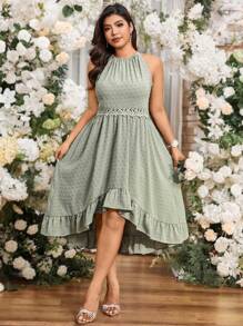 SHEIN LUNE Ruffled Jacquard Asymmetric Hem Lace Insert Elegant A-Line Wedding Dress - Green - View 5