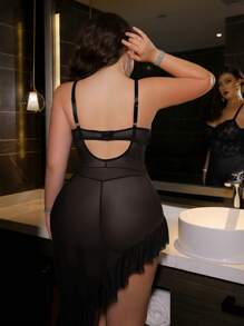 Seduluxe Set de 2 piezas lencería tipo babydoll de encaje con contraste de malla y tanga para tallas grandes