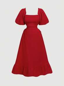 SHEIN MOD 红色侧系带泡泡袖大码女式长裙 - 紅色 - 查看 5