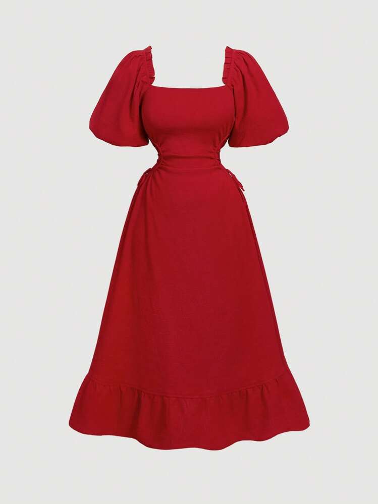shein plus size red dress SHEIN MOD Red Plus Size Women Long Dress,Square Neck Puff Sleeve Satin  Summer Party Picnic Curve Elegant Ruched Side Lace-Up Birthday Midi Outfits