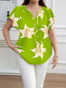 SHEIN Clasi Áo sơ mi tay ngắn cổ tròn dáng rộng in hoa cỡ lớn, phù hợp cho mùa thu đông - màu xanh lá - Xem 5