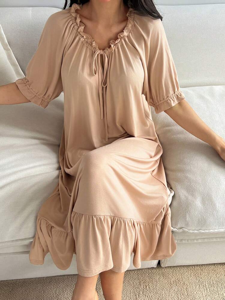 Sweet Ruffle Hem Wrap Dress Loungewear For Women Pajama