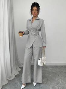 Modelyn 2 件套女士编织条纹纽扣领带套装，带长袖衬衫和裤子 - 黑色 - 查看 4