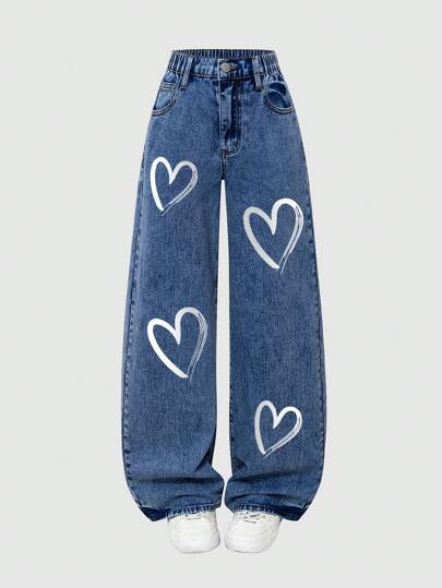 SHEIN Tween Girls Y2K 风格复古水洗效果心形印花休闲百搭简约时尚宽松直筒日常穿着牛仔裤