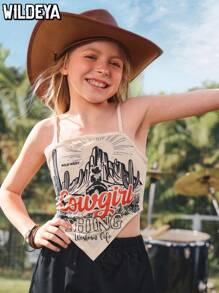 2025 Spring/Summer New Collection Casual & Comfortable Asymmetrical Hem Western Printed Camisole Top Paired With Black A-Line Pants, Tween Girl 2 Pieces Set, Suitable For Daily Wear, Outings, And Family Gatherings