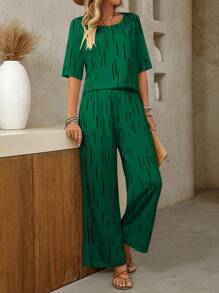 SHEIN Clasi 2pcs/Set Women V-Neck Loose All-Over Print Top - Green - View 7