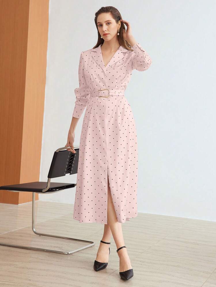 POLKA DOT PRINT DRESS WITH BELT, COLLARED, SLIT HEM, WOVEN
