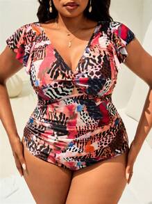 SHEIN Swim Curve Maillot de bain une pièce modeste avec volants et imprimé aléatoire pour femmes grandes tailles, maillot de bain de plage et de villégiature pour femmes, robe d'été grande taille