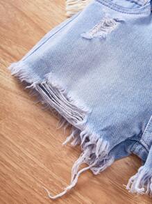 SHEIN Baby Girls Light Wash Denim Shorts With Cute Bunny Embroidery And Raw Hem Detail - Light Wash - View 6