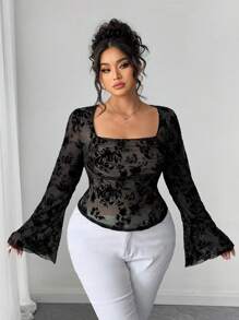 Elenzga Plus Size Square Neck Long Sleeve Fitted Flocked Mesh Floral Print T-Shirt