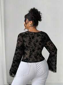 Elenzga Plus Size Square Neck Long Sleeve Fitted Flocked Mesh Floral Print T-Shirt