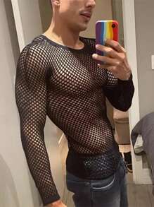 Manfinity Dauomo Plus Size Men's Simple Fashion Mesh Pattern T-Shirt, Suitable For Summer - Black - View 3