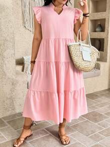 SHEIN LUNE Plus Size Vrouwen Effen Kleur V-hals Cap Mouw Elegante Jurk