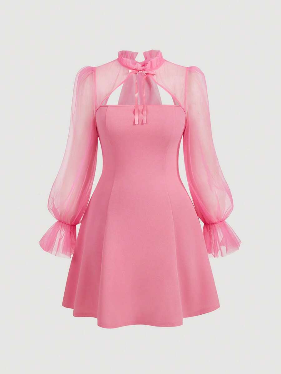 SHEIN MOD Plus Size Mesh Splicing Lace-Up Pink Dress - Watermelon Pink - View 1