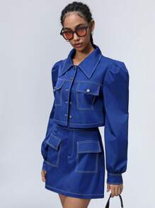Aveloria Affinna Young Fashionable Mixed Metal Button Decor Contrast Stitch Design Loose Lapel Button Front Jacket Paired With Cargo Style A-Line Skirt, 2 Pieces Outfit, Women Spring Fall Cloth For Women - Blue - View 4