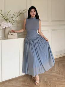 Modelyn Vestido midi de unicolor con cuello alto, mangas sin mangas y fruncido para mujer - Azul - Ver 5