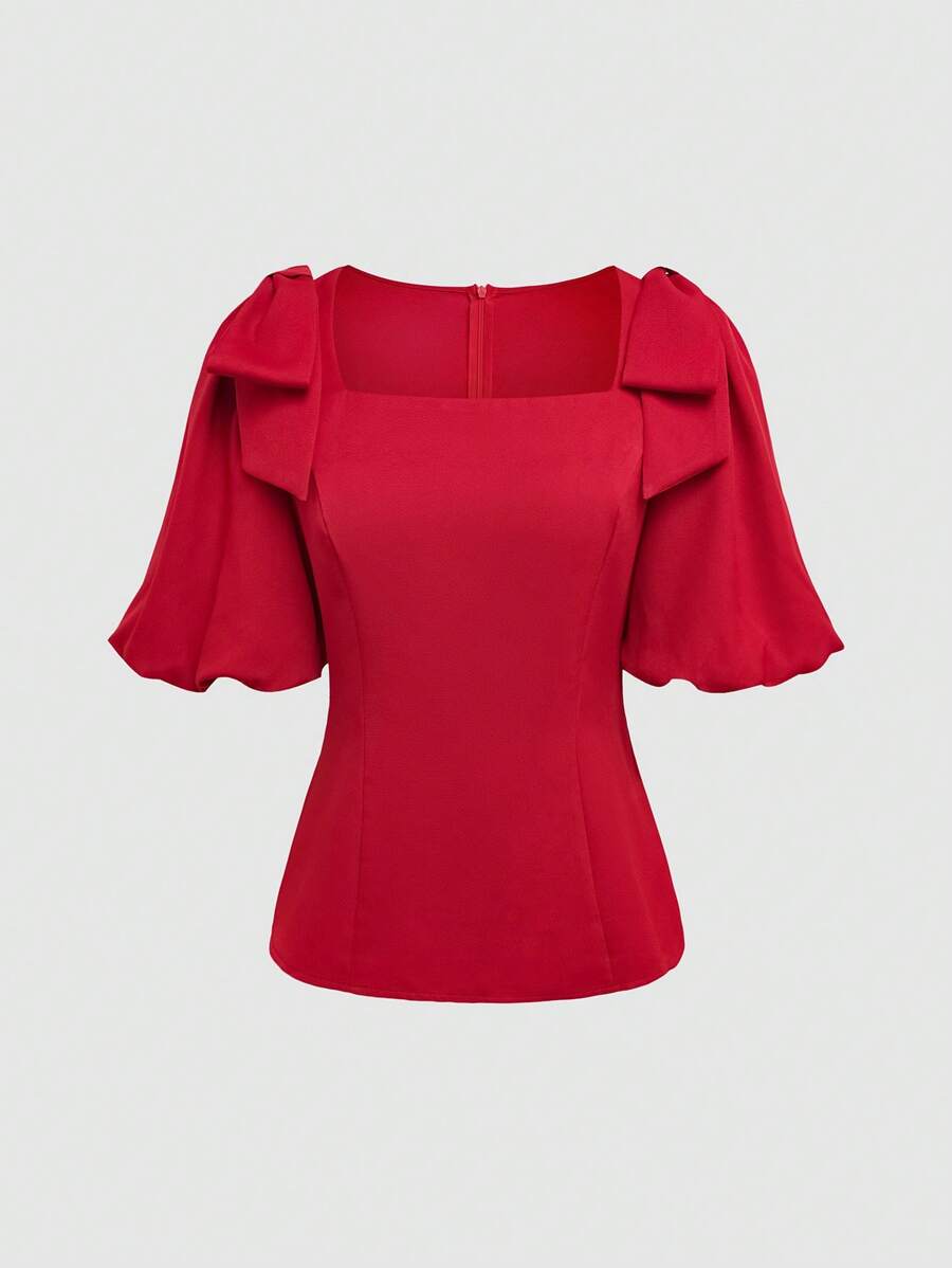 SHEIN Clasi 女士纯色方领泡泡袖优雅衬衫