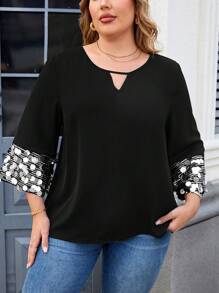 SHEIN Clasi Plus-size damesblouse met paillettenpatchwork, elegante feestkleding en zomeroutfits voor vrouwen