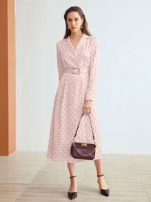 MOTF PREMIUM 波尔卡圆点印花连衣裙，配腰带，有领，下摆开衩，编织 - 粉色 - 查看 6