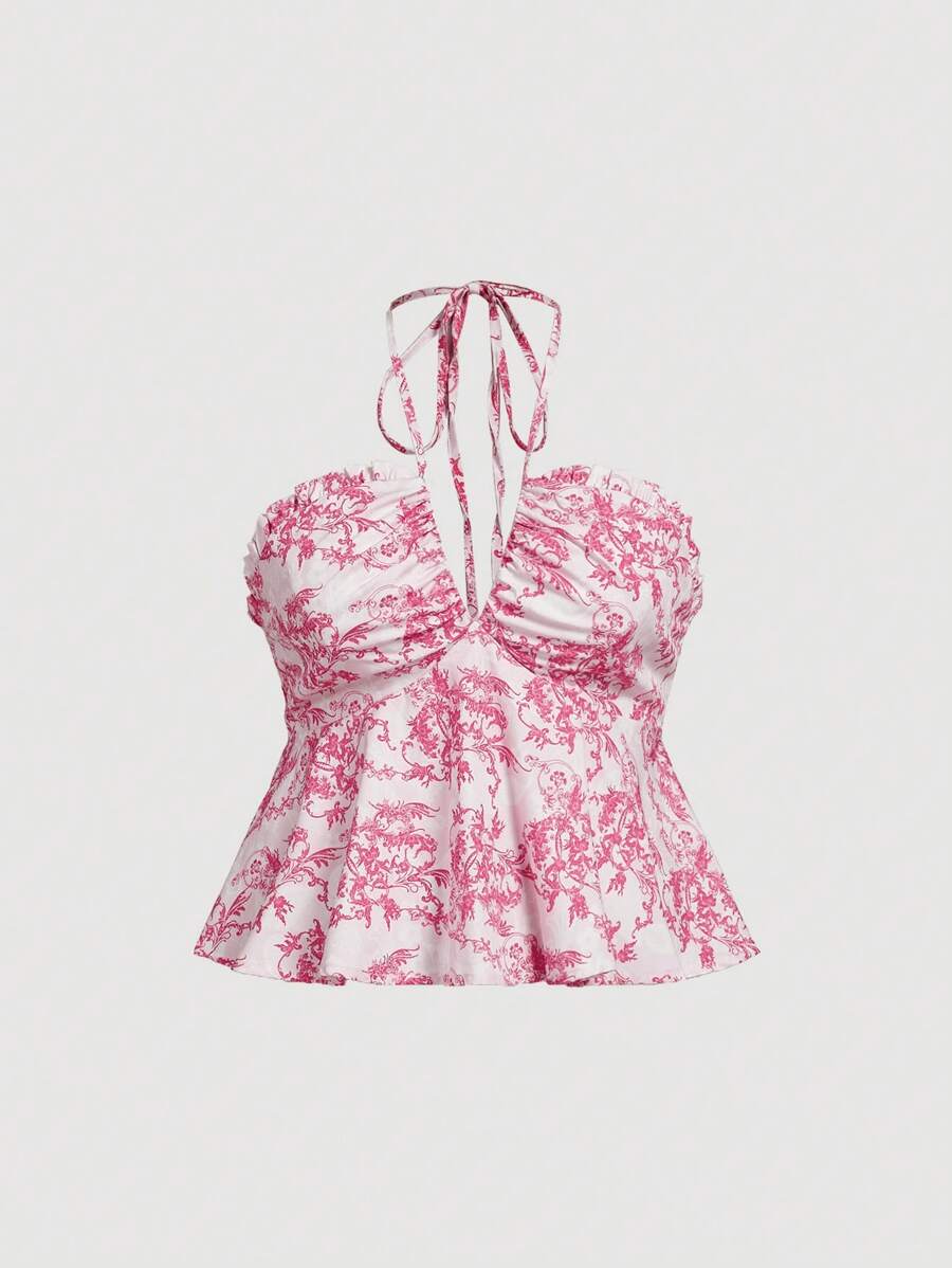 SHEIN MOD 大码女式植物印花交叉后背背心，适合度假