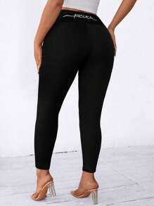 SHEIN LUNE 大码女式休闲针织刺绣腰部紧身裤 - 黑色 - 查看 1