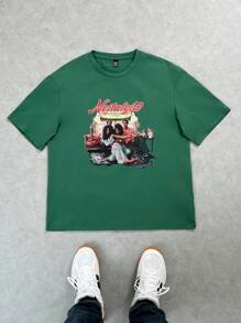 Mainfolk Unisex Casual Illustration Print Loose Fit Dropped Shoulder Crew Neck Short Sleeve T-Shirt, Suitable For Daily Wear - Dark Green - View 3