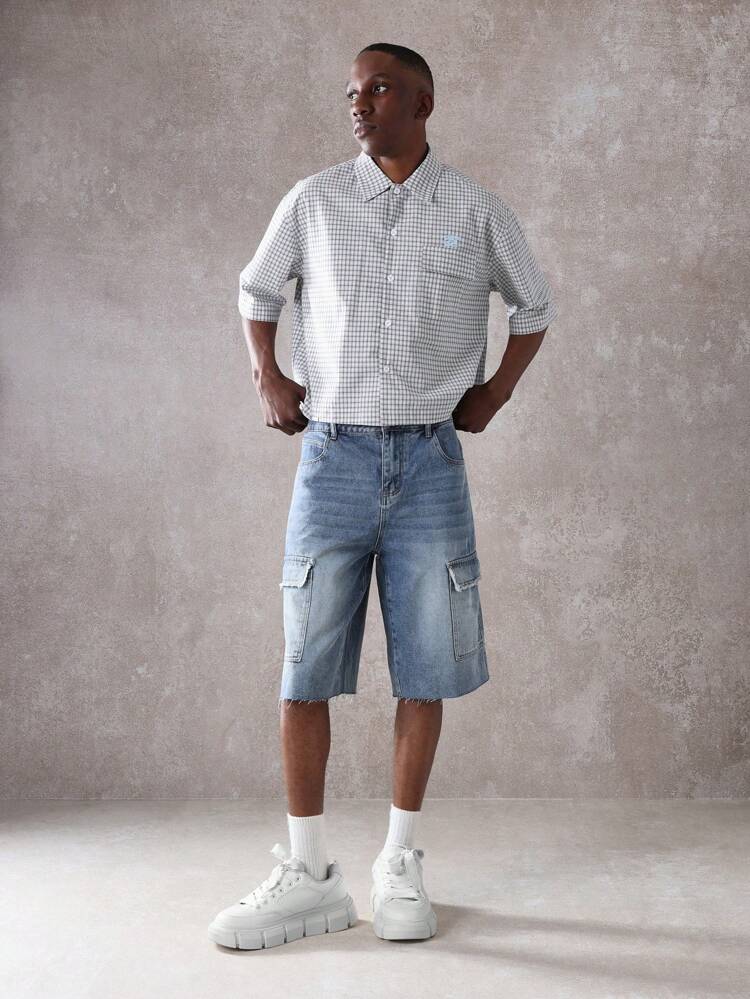 Raw Edge Distressed Cargo Denim Shorts