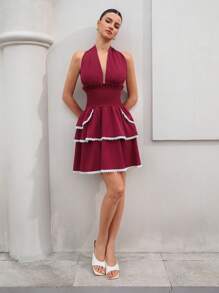 BELROSIE Italian Elegant Birthday Party Dress,White And Burgundy Summer Mini Dress Women,Halter Neckline Waist Cinched Layered Ruffle Hem Lace Trim - Burgundy - View 1