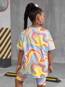 SHEIN Leap Crew 2pcs/Set Tween Girls Tie-Dye Bowknot Print Casual Loose Short Sleeve T-Shirt And Leggings, Suitable For Summer - White - View 2