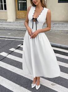 SHEIN Frenchy Women's Elegant Color Block Paneled Front Tie Wave Embroidery Deep V-Neck Sexy Simple Slim Sleeveless Long Dress Tea Party Dresses Summer Outfits For Women Summer Dresses For Women Spring Outfits For Women Summer White Dresses For Women Elegant Birthday Dresses For Women Modest Dresses For Women European Summer Vacation Outfits Women Wedding Guest Dress Women, Summer Dresses For Women