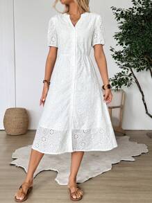 EMERY ROSE Women V-Neck White Lace Long Sleeve Dress - White - View 7